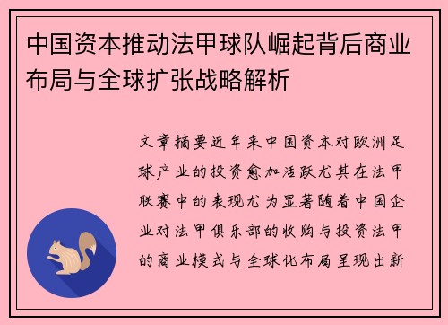 中国资本推动法甲球队崛起背后商业布局与全球扩张战略解析