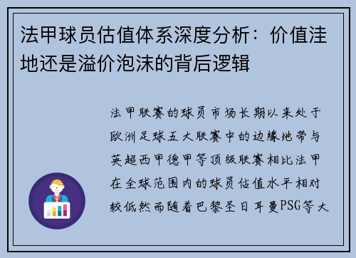 法甲球员估值体系深度分析：价值洼地还是溢价泡沫的背后逻辑